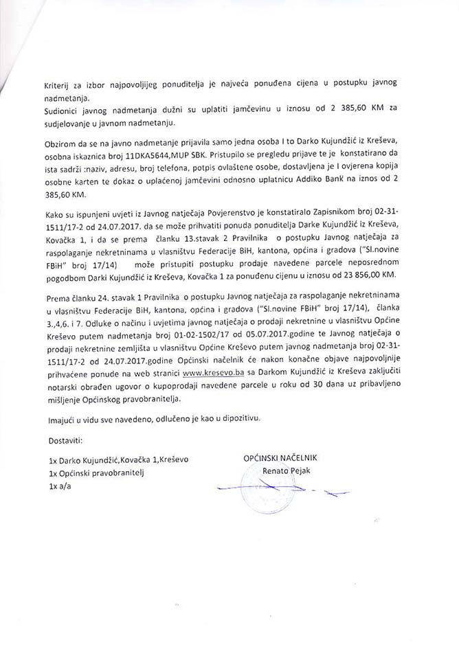 Odluka o izboru najpovoljnije prihvaćene ponude - prodaja zemljišta u vlasništvu Općine Kreševo