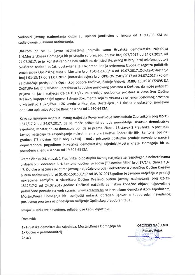 Odluka o izboru najpovoljnije prihvaćene ponude - Javni natječaj o prodaji nekretnine - zemljišta u vlasništvu Općine Kreševo putem javnog nadmetanja