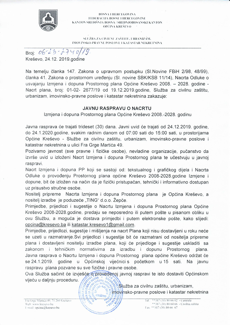 Javna rasprava o Nacrtu izmjena i dopuna Prostornog plana općine Kreševo