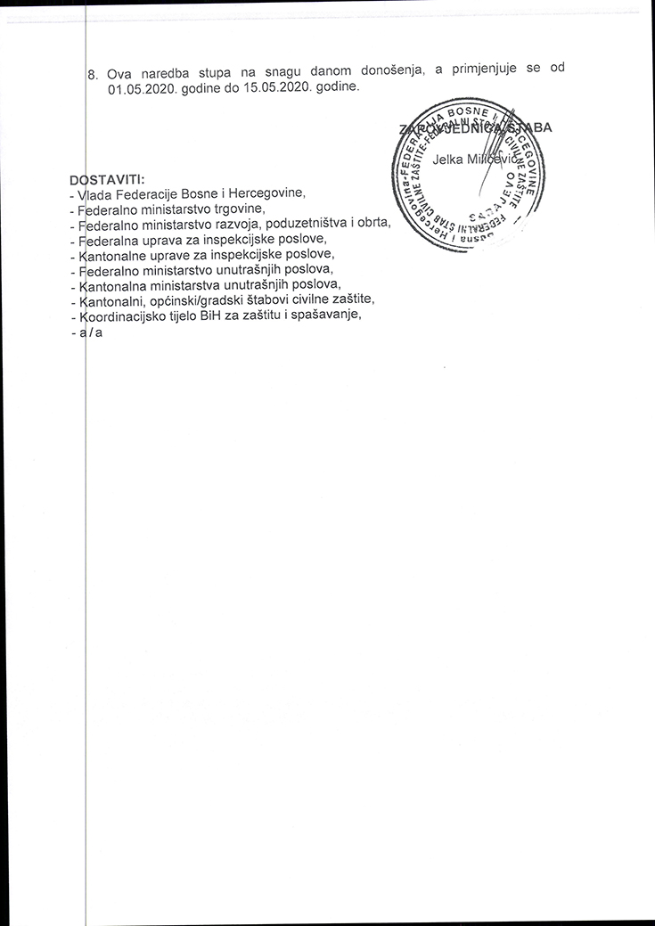 Naredba Federalnog stožera Civilne zaštite o načinu rada tržnih centara te trgovina na veliko i malo