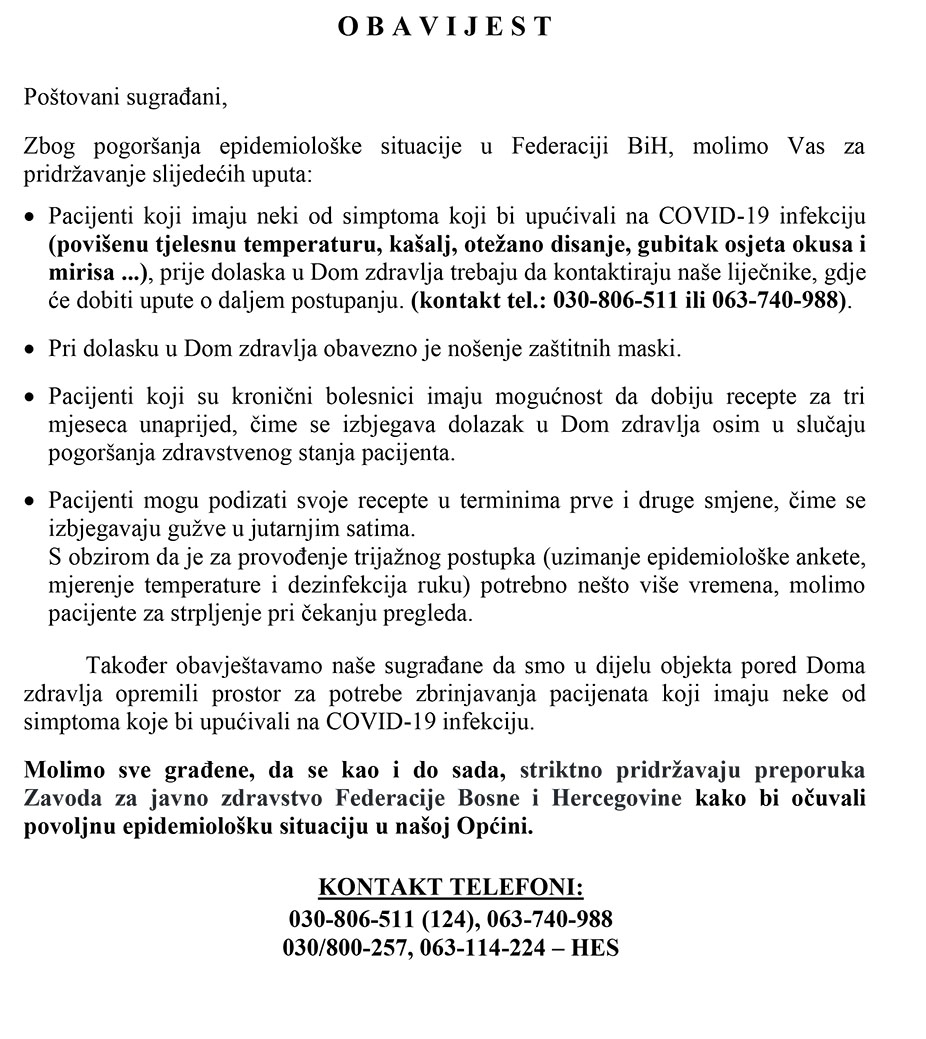 Dom zdravlja: Obavijest o načinu rada i mjerama koje se poduzimaju tijekom trajanja pandemije
