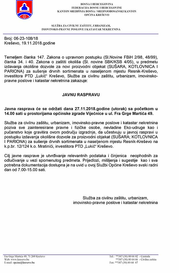 Javna rasprava - novi proizvodni objekt PTD "Lukić"
