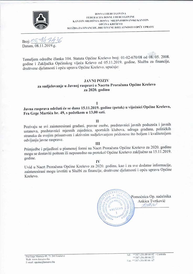 Javni poziv za sudjelovanje u javnoj raspravi o Nacrtu Proračuna Općine Kreševo za 2020. godinu