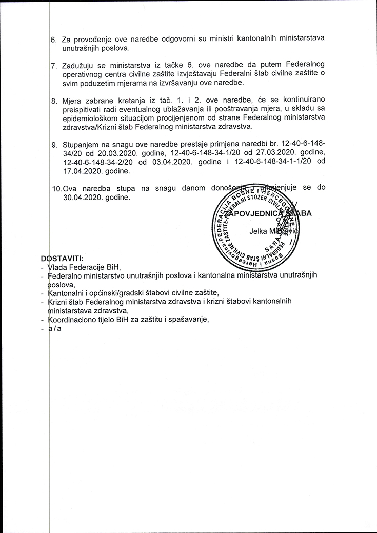 Naredba Federalnog stožera Civilne zaštite -  ublažene mjere ograničenja kretanja za mlađe od 18 i starije od 65 godina