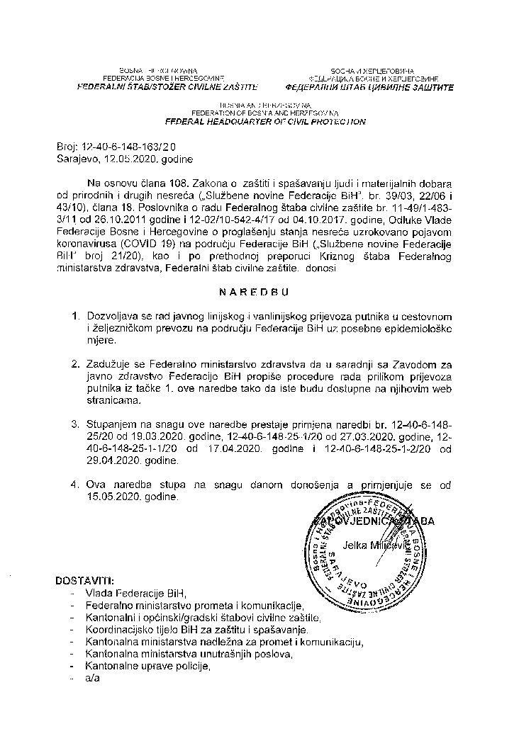 Naredba Federalnog stožera Civilne zaštite -  dozvoljava se javni linijski i izvanlinijski prijevoz putnika u cestovnom i željezničkom prometu