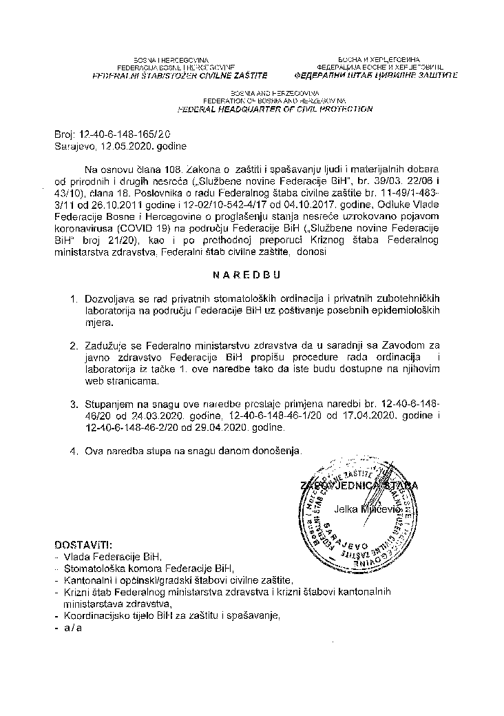 Naredba Federalnog stožera Civilne zaštite -  dozvoljava se rad privatnih stomatoloških ordinacija i privatnih zubotehničkih laboratorija