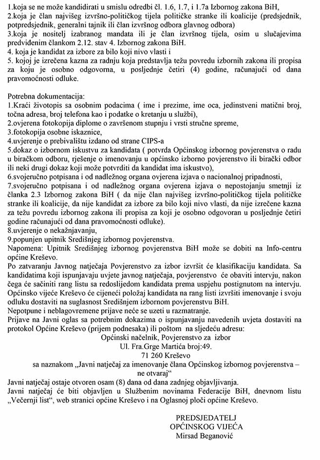 Javni natječaj za člana Općinskog izbornog povjerenstva