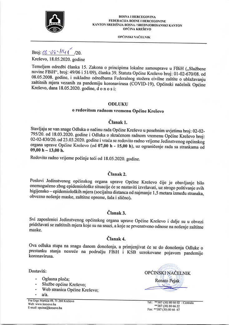 Odluka o redovitom radnom vremenu Općine Kreševo