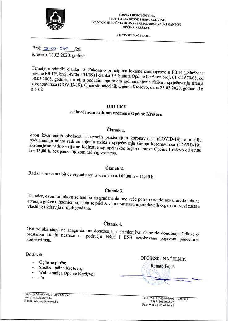 Odluka o skraćenom radnom vremenu Općine Kreševo