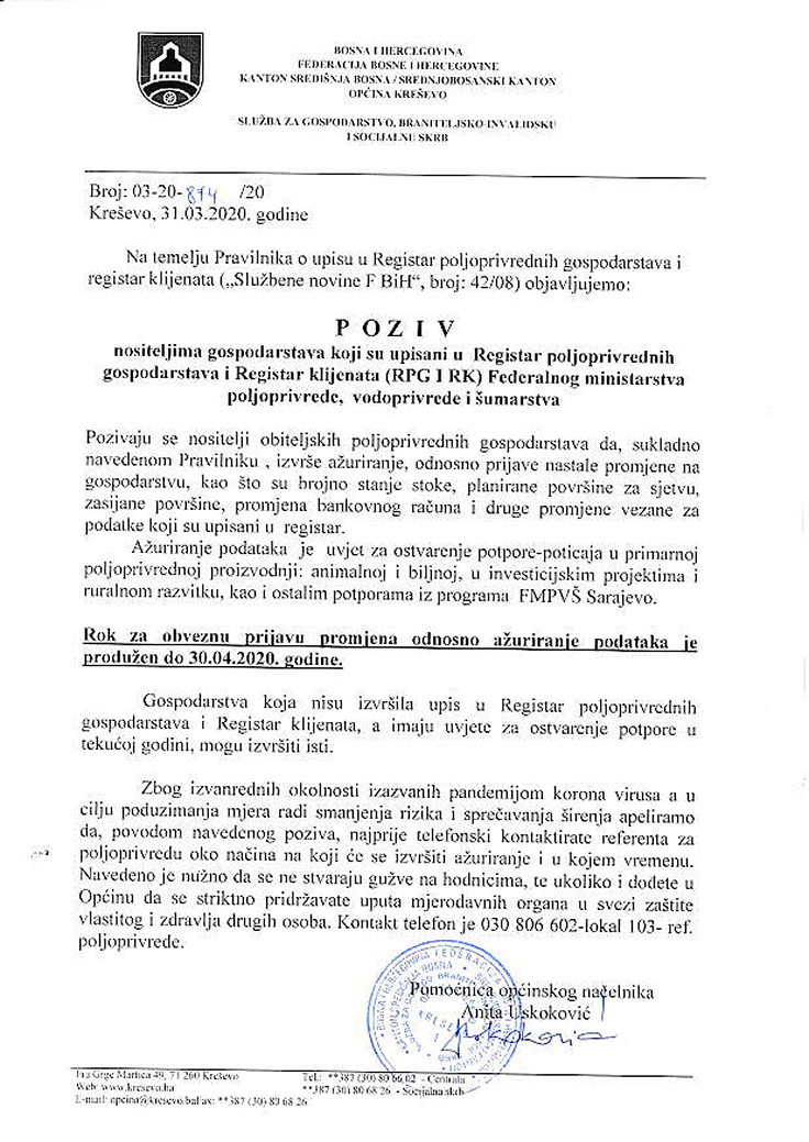 Poziv nositeljima gospodarstava upisanih u RPG i RK