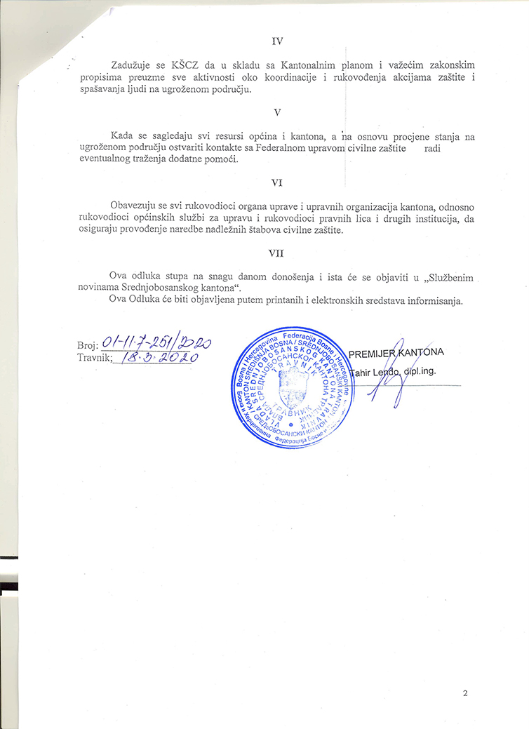 Odluka o proglašenju stanja nesreće na području županije Središnja Bosna