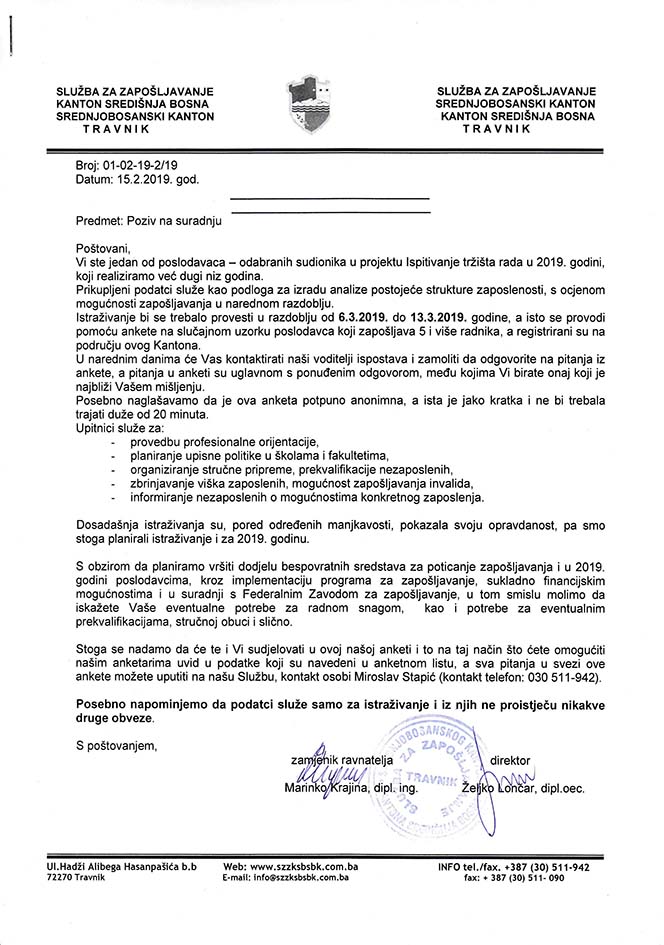 Poziv poslodavcima na suradnju