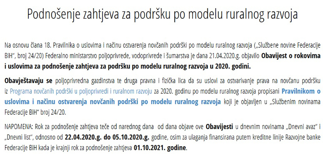 Podnošenje zahtjeva za podršku po modelu ruralnog razvoja u 2020. godini