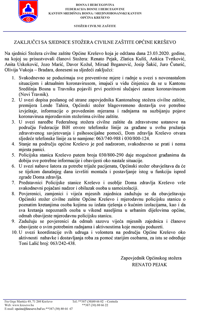 Zaključci sa sjednice Općinskog stožera Civilne zaštite (23.III.)
