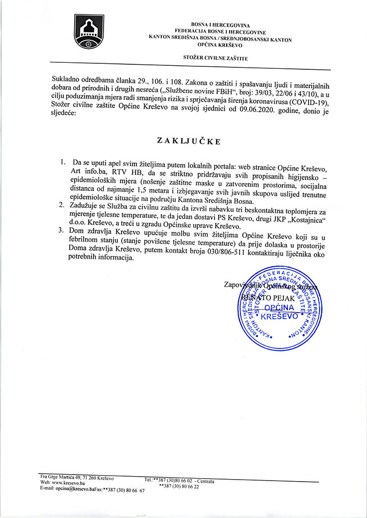 Zaključci Stožera Civilne zaštite Općine Kreševo - 9.VI.