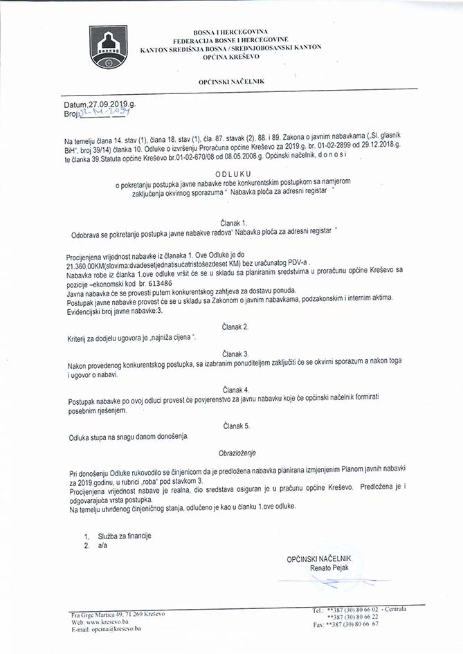 Odluka o pokretanju postupka javne nabave - ploča za adresni registar