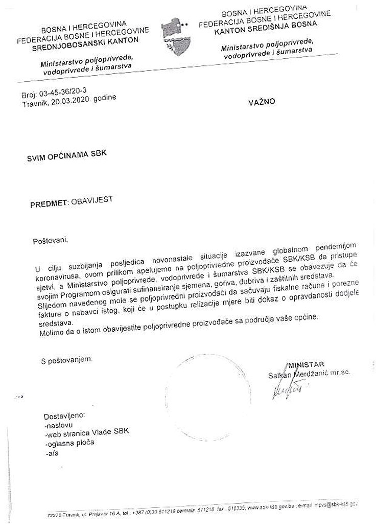 Županijsko ministarstvo poljoprivrede, vodoprivrede i šumarstva: Obavijest za sjetvu