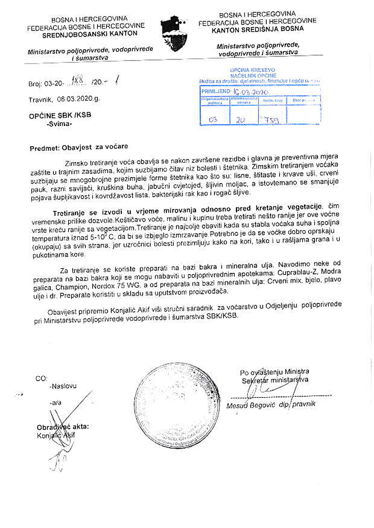 Županijsko ministarstvo poljoprivrede, vodoprivrede i šumarstva: Obavijest za voćare