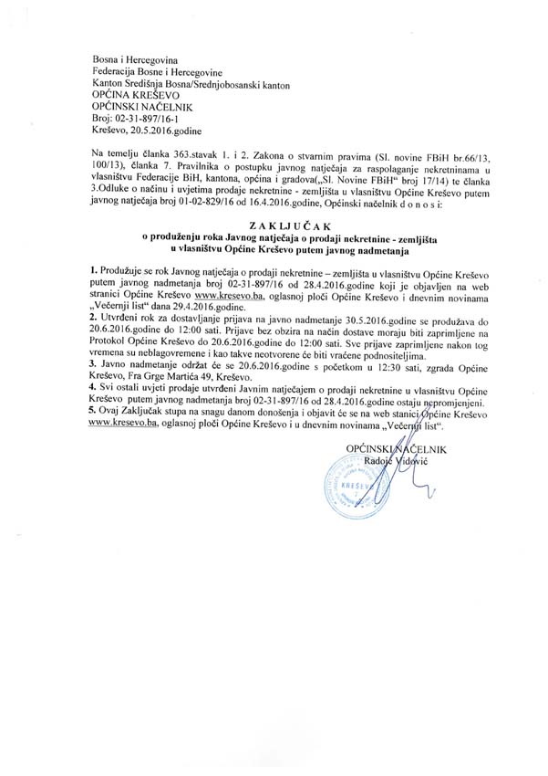 Produžen rok za prodaju zemljišta u vlasništvu Općine Kreševo