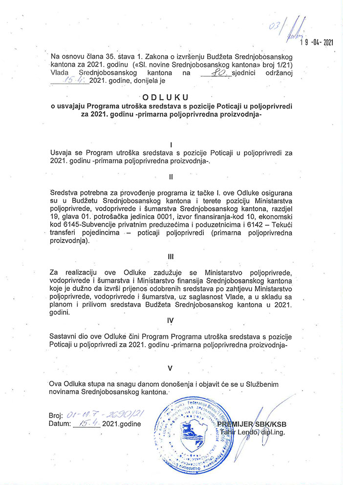 Odluka o usvajanju Programa utroška sredstava s pozicije Poticaji u poljoprivredi za 2021. godinu - primarna poljoprivredna proizvodnja