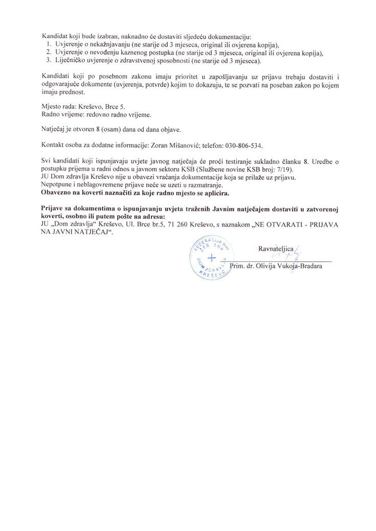 Dom zdravlja - javni natječaj za prijem u radni odnos (referent za materijalno-financijske poslove i javne nabave)