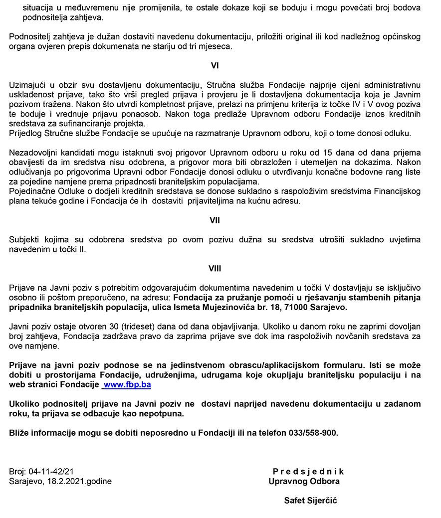 Javni poziv Fondacije za pružanje pomoći u rješavanju stambenih pitanja pripadnika braniteljskih populacija