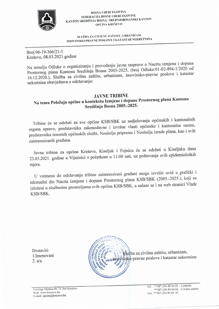 Javne tribine na temu položaja općine u kontekstu izmjena i dopuna Prostornog plana KSB 2005.-2025.