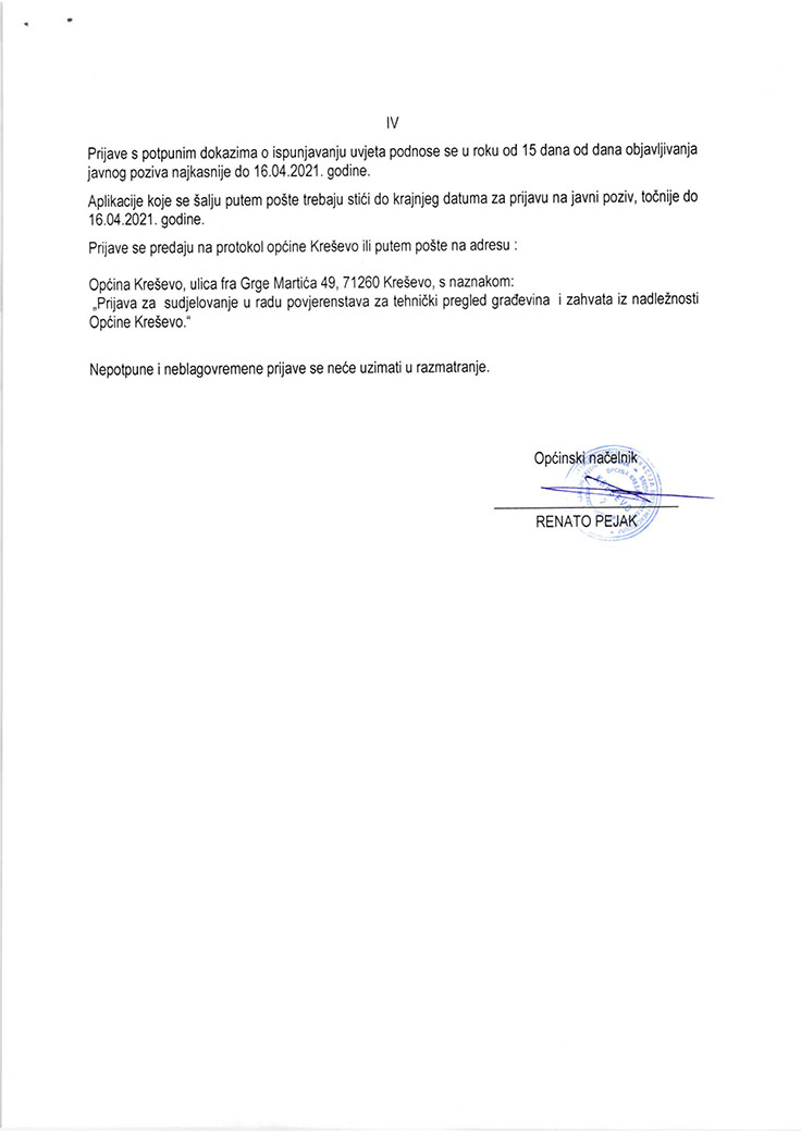 Javni poziv za podnošenje prijava za sudjelovanje u radu Povjerenstva za tehnički pregled iz nadležnosti Općine Kreševo