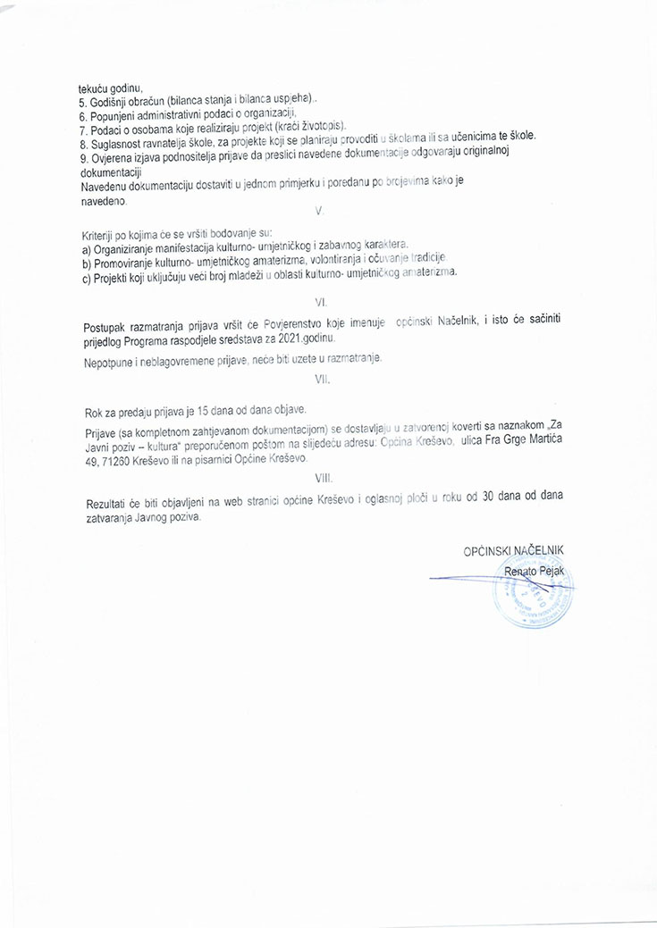 Javni poziv za dostavljanje prijava za dodjelu sredstava za kulturu iz proračuna Općine Kreševo s pozicije "transfer za kulturu" za 2021. godinu