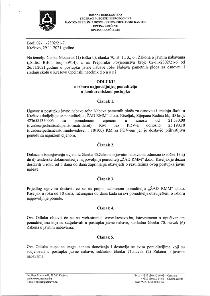 Odluka o izboru najpovoljnijeg ponuditelja 002 1 1