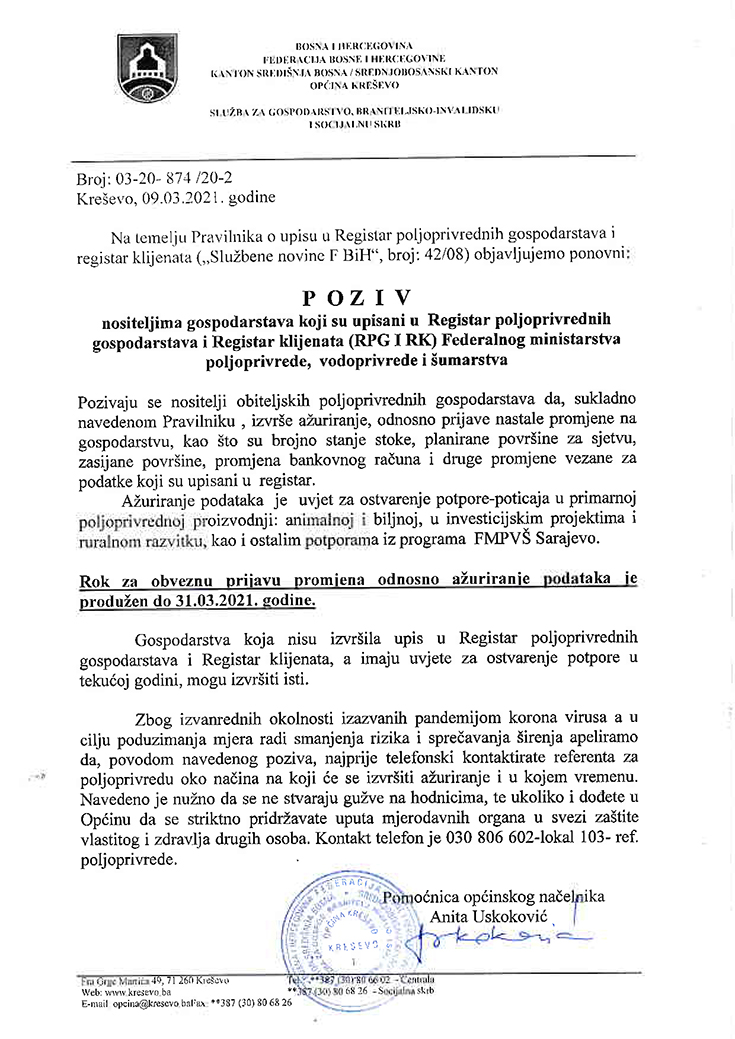 Poziv nositeljima gospodarstava upisanih u Registar poljoprivrednih gospodarstava i Registar klijenata Federalnog ministarstva poljoprivrede, vodoprivrede i šumarstva