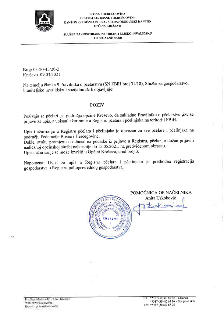 Poziv pčelarima za prijavu i ažuriranje u registru pčelara i pčelinjaka
