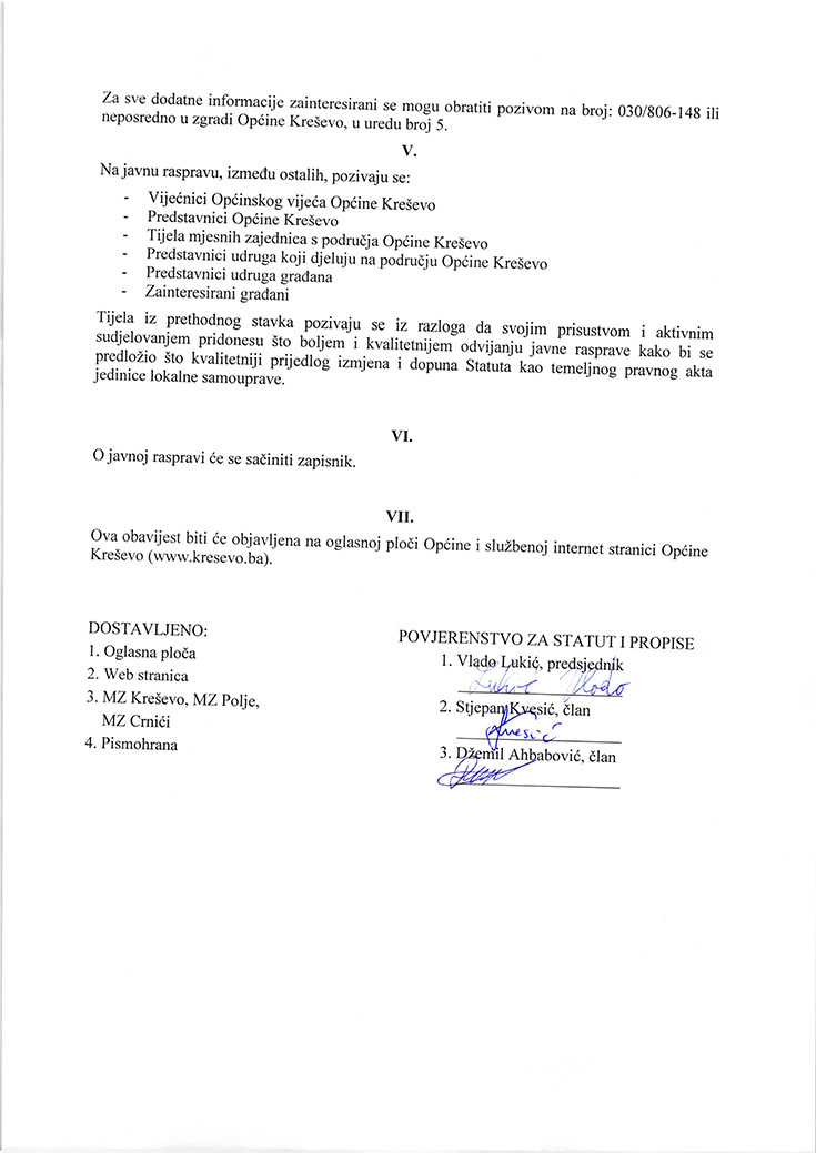 Poziv na javnu raspravu o Prijedlogu Statutarne odluke o izmjenama i dopunama Statuta Općine Kreševo