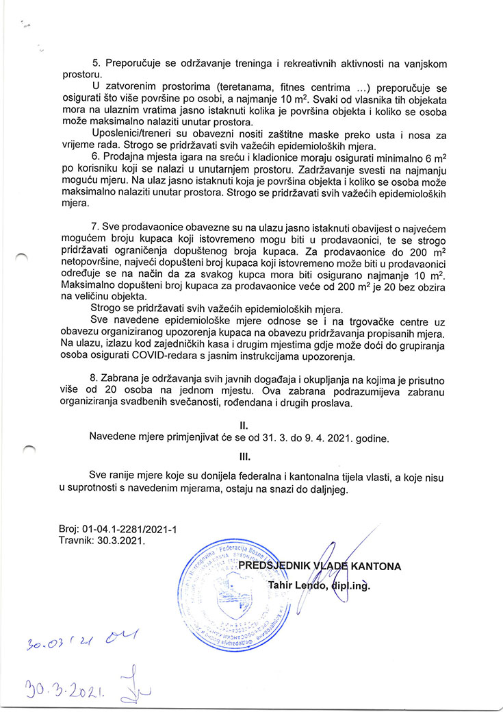 Zaključak Vlade KSB - mjere za suzbijanje pandemije (30. III. 2021.)