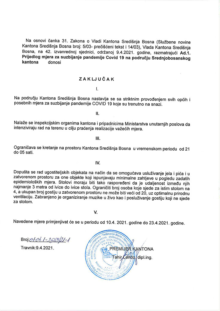 Zaključak Vlade KSB - mjere za suzbijanje pandemije (9. IV. 2021.)