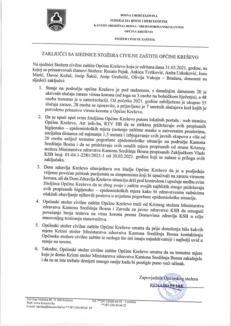 Zaključci sa sjednice stožera Civilne zaštite Općine Kreševo (31. III. 2021.)